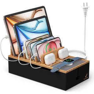 Pezin & Hulin Cable Management Box, Docking Station for Multi Devices, with 5 Ports Charge Adapter and 6 Cables, Wire Organizer for Cords, Box to Hide Cords and Storage Power Strip -Natural + Black