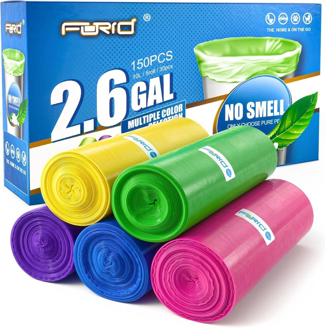 Forid Small Bags for Bathroom - 2.6 Gallon Garbage Bags Unscented,Extra Thick Strong Wastebasket Can Liners for Home Office Bedroom,150 Bags Multi Colored