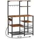 HOOBRO Large Bakers Rack with Power Outlets, 6-Tier Microwave Stand with 4 Hooks, Coffee Bar, Kitchen Shelf with Wire Basket, for Kitchen, Living Room, Office, Rustic Brown and Black BF64UHB01