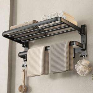 VOLDRA Towel Racks for Bathroom, 24-Inch Towel Shelf with Towel Bar Foldable Towel Holder with 7 Hooks Towel Storage Organizer for Bathroom & Lavatory Wall Mounted(Matte Black)