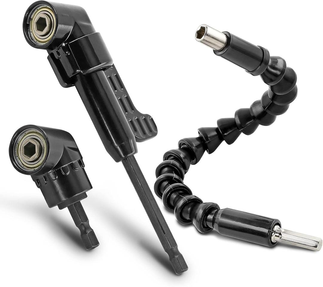 Black 105 Degree Right Angle Drill Bit Holder, 1/4" Hex Shank Driver and Flexible Angle Extension Bit Kit for Screwdriver & Drill