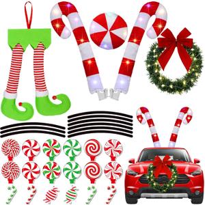 Baquler 32 Pcs Christmas Car Decoration with LED Light Candy Cane Kit Santa Claus Legs Nose Xmas Wreath Bow Vehicle Garage Magnetic Decals Christmas Candy Car Accessories for Truck Vehicle Decorations