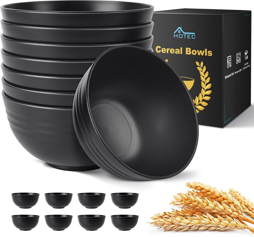 HOTEC BPA Free Unbreakable Wheat Straw Cereal Bowls - Microwave & Dishwasher Safe Soup and Salad Bowls, Set of 8, 26oz, Black (5.9)