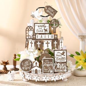 Ziliny 28 Pcs Easter Tiered Tray Decor He is Risen Tiered Tray Decorations Set Rustic Farmhouse Cross Wooden Sign for Home Farmhouse Kitchen Decorations
