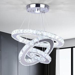 3-Ring Crystal LED Chandelier Modern Ring Pendant Light,47W Cool White (4500K-6000K) K9 Crystal&Stainless Steel, Adjustable Height for Dining Room Kitchen Island Living Room Foyer, 20/30/40