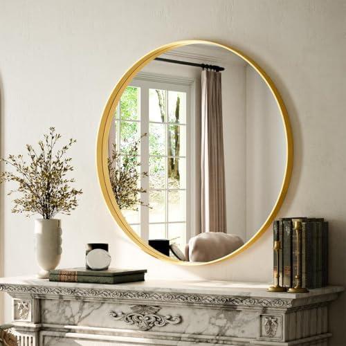 VooBang 24 inch Round Bathroom Mirror, Gold Modern Circle Wall Mounted Vanity Mirror with Gorgeous Circular Deep Frame for Bathroom, Living Room, Bedroom, Hanging or Leaning