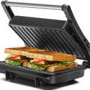 Panini Press Grill, Aigostar 1000W Sandwich Maker with Ceramic Non-stick Plates, Opens 180 Degrees for Any Size Food, 3-in-1 Sandwich Press Electric Grill, Drip Spout & Locking Lid, Sliver (Black)