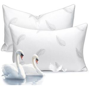 Goose Feather Pillows Bed Pillow - Hotel Down Pillows Queen Size Set of 2, Fluffy Support Surround Fill Polyester for Back, Stomach, Side Sleepers, Breathable & Soft Bed Pillow for Sleeping