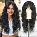 Esmee Long Wave Black Brown Wig for Women with Curtain Bangs Natural Synthetic Hair Wigs for Daily Party Use