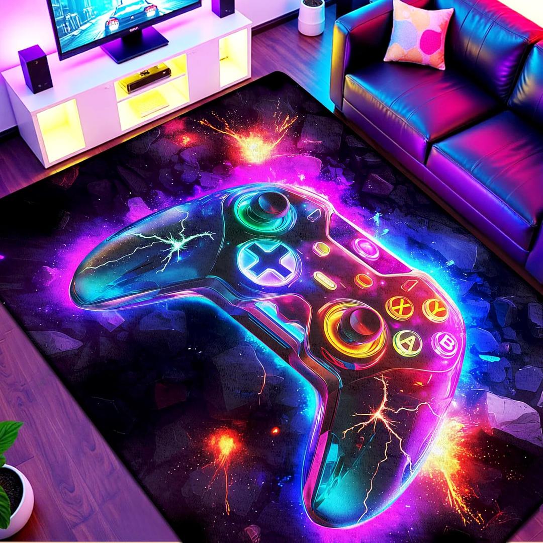 5x7 ft Neon Gaming Area Rug for Boys Room, Colorful Game Controller Carpet for Gamer Room Decor, Low Pile Non-Slip Video Game Rug for Teens Playroom or Game Zone - 03