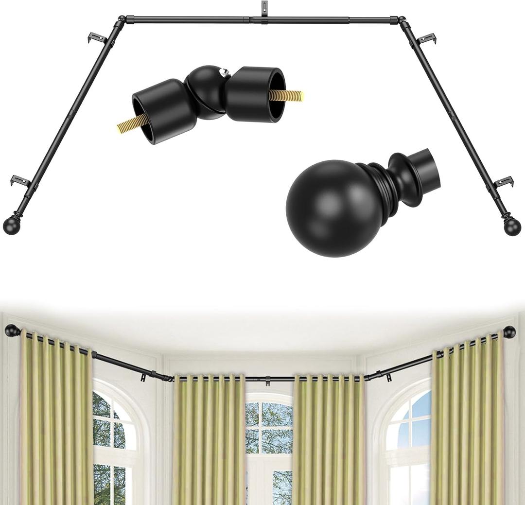 Bay Window Curtain Rods 100 to 207 Inch for Windows,1 Inch Adjustable Center Curtain Rods 36 to 89 Inches and 32 to 59 Inch Side Rods,Heavy Duty with 5 Brackets for Bedroom, Living Room