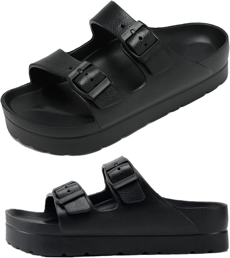 Womens Platform Sandals with Arch Support, Adjustable Buckle Beach Sandal Woman Comfort Lightweight Ultra Cushion EVA Slides (10, Double Buckle-black)