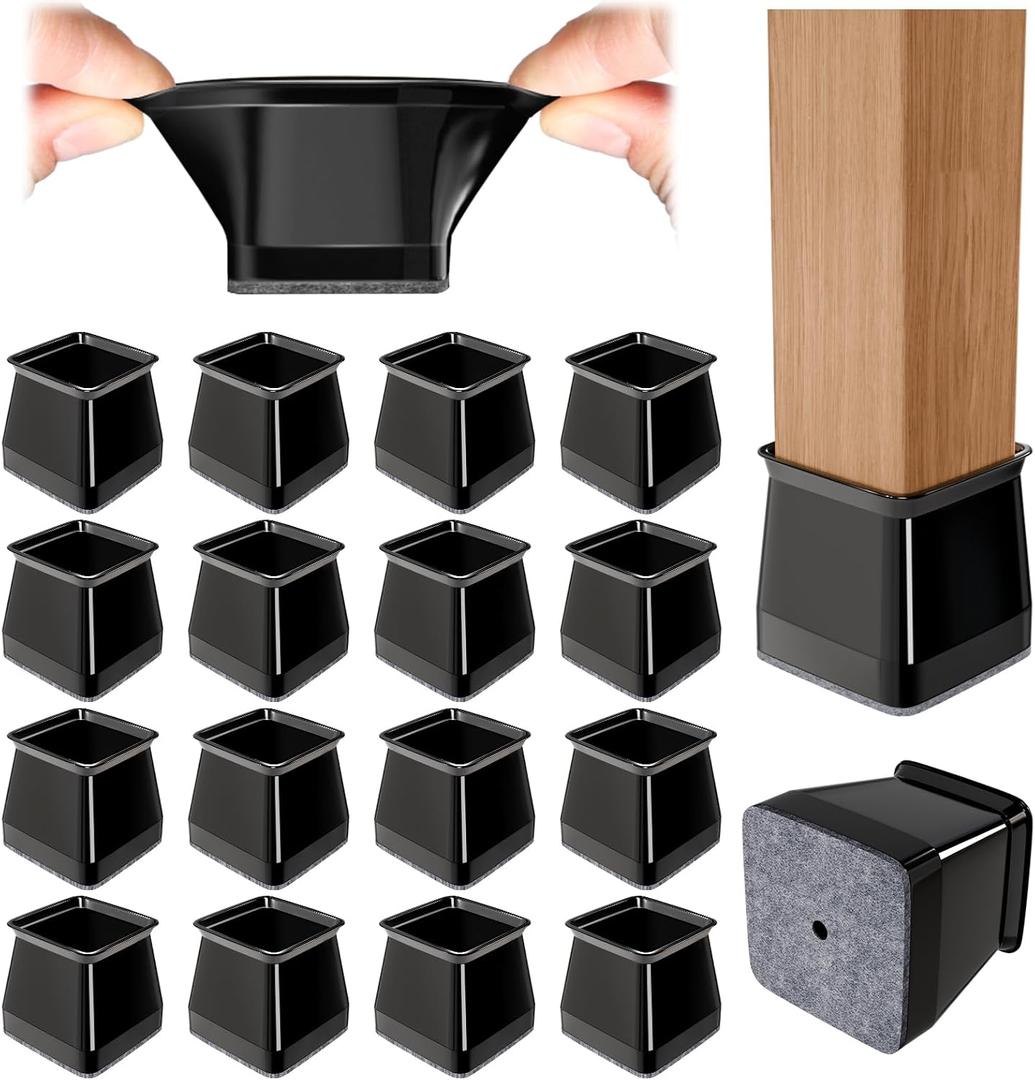 24 Pcs Chair Leg Floor Protectors Square, Black Silicone Felt Furniture Leg Pads Caps Covers for Hardwood Floors(Fit:1-1/16" to 1-5/8")