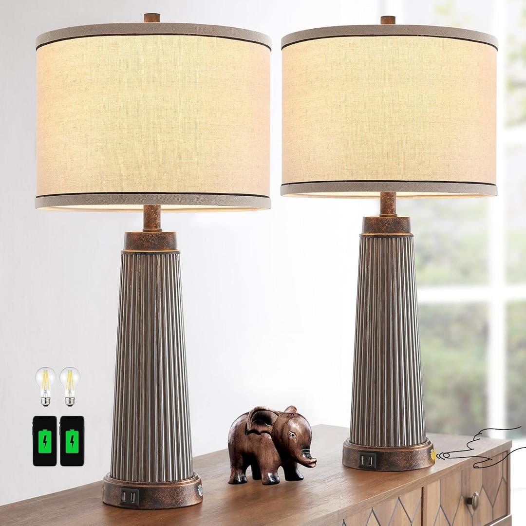 Set of 2 Farmhouse Table Lamps for Living Room, 3 Way Dimmable Touch Table Lamp with Dual USB Ports, Rustic Vintage Nightstand Lamp for Bedroom Bedside End Table Entryway, 2 Bulbs Included (Bronze)