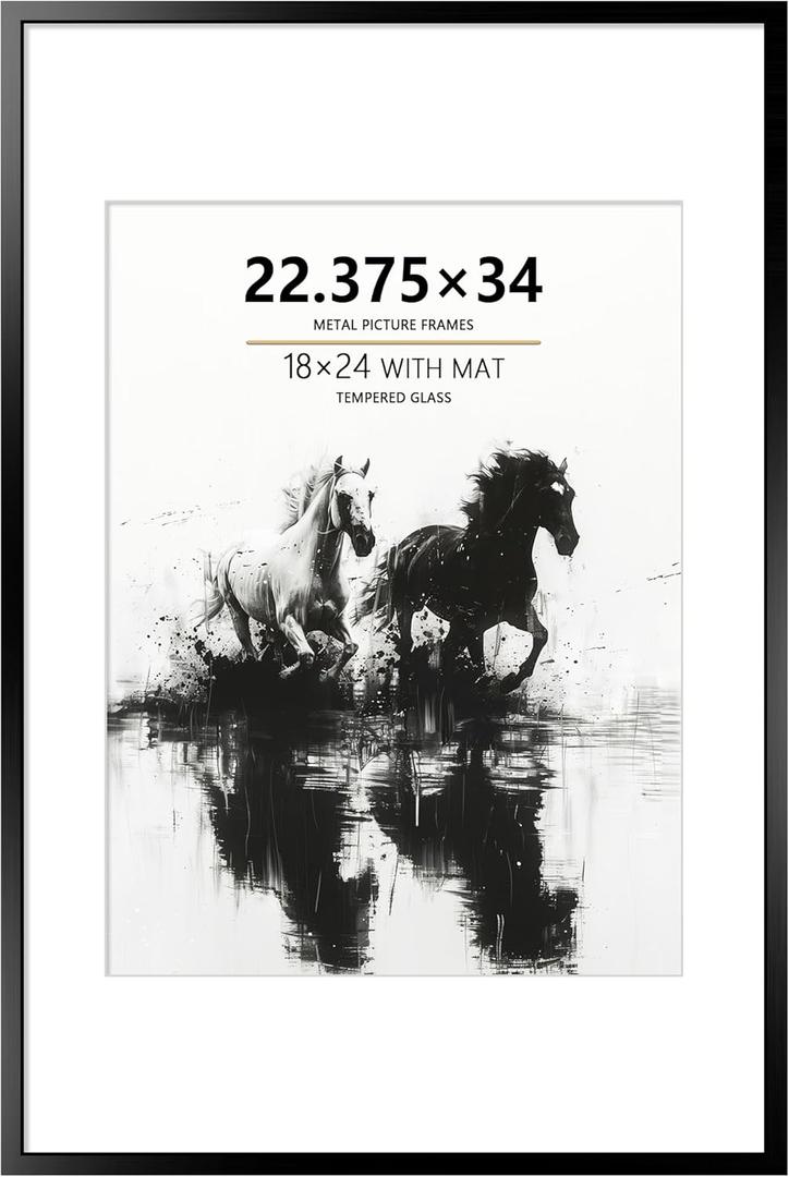 22.375x34 Metal Poster Frame - 22.375 x 34 Aluminum Picture Frame with Mat for 18x24 Photo, Tempered Glass Cover, Black Wall Hanging Photo Frame for Home Decor