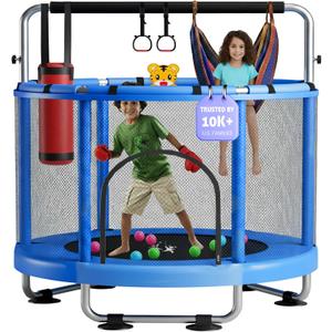 55" Toddler Trampoline for Kids Ages 38 Indoor & Outdoor Kids Trampoline Anti-Tilt Frame, Adjustable Gym Bar, Basketball Hoop, Ocean Balls, Boxing Bag, Hammock & Boxing Gloves
