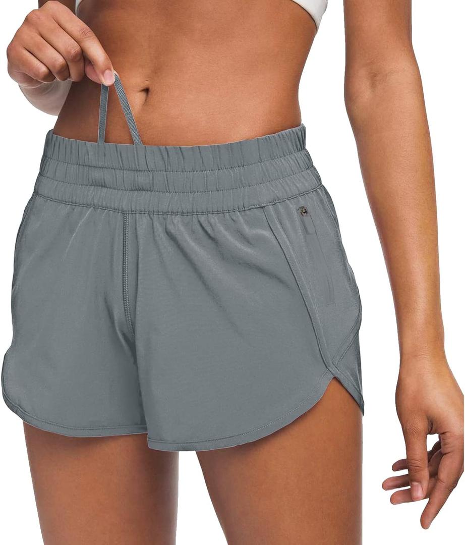 MCEDAR 4" Athletic Shorts for Women with Liner 2 in 1 Running Shorts Quick Dry Zipper Pocket Gym Workout Shorts (Small, Grey)