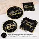 Grencian 96 Pcs Retirement Party Plates Black and Gold Happy Retirement Party Supplies Disposable Black and Golden Retired Tableware Set for Women Men Retiring Party Favors Serves 24