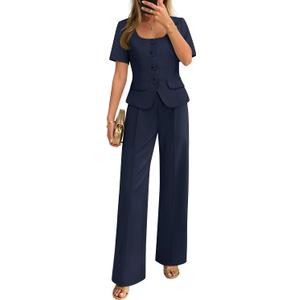 ZESICA Women's Summer Two Pieces Suits Set 2026 Short Sleeve Blazer Wide Leg Pants Business Casual Outfits Sets (Blue, XL)