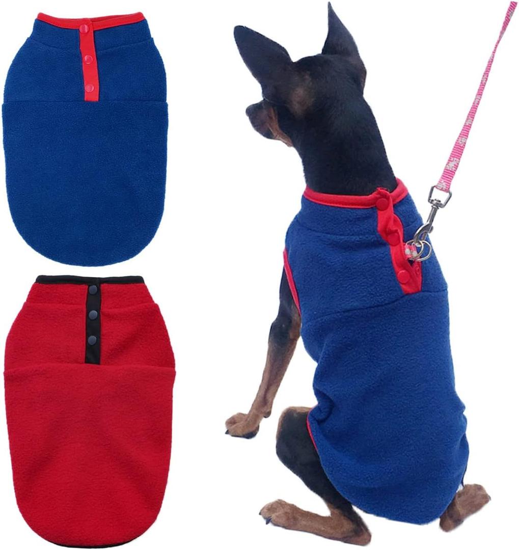2 Pack Dog Sweater, Warm Puppy Jacket, Autumn Winter Coat, Pet Stretch Fleece Apparel with Buttons for Small Medium Dog Cats (Red+Blue, X-Small)