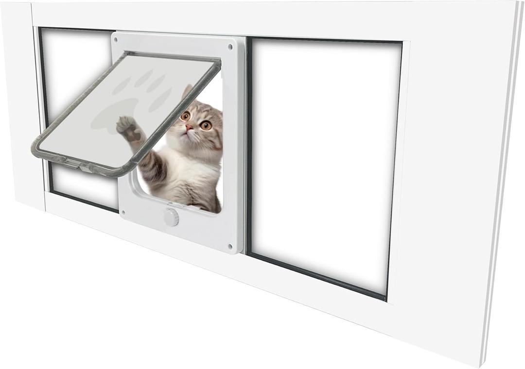 Cat Door for Windows Width Adjustable 31.5" to 35.43" Easy 10 Minute Installation Magnetic Suction Design Weatherproof for Cats Ideal Cat Door for Window Use L