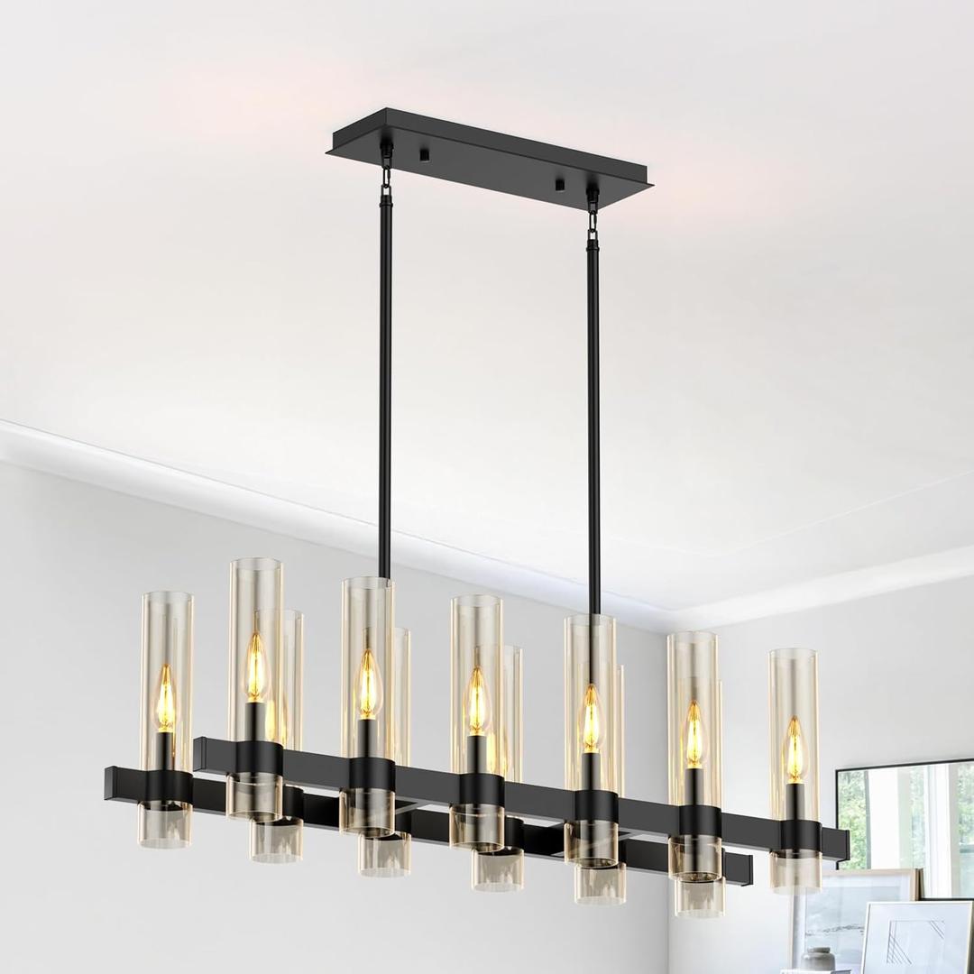 12-Light Modern Farmhouse Black Chandeliers for Dining Room,40"Large Linear Pendant Light Fixtures,Adjustable Height Hanging Kitchen Island Chandelier Over Table,Clear Glass Shade Light Fixture