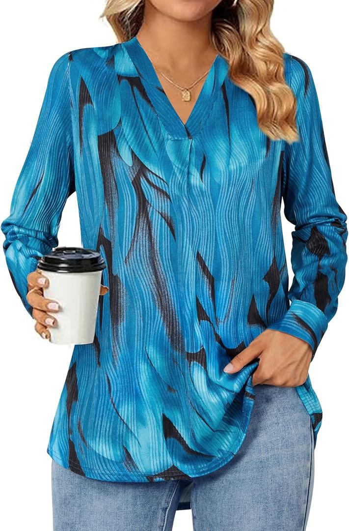 Womens 3 4 Sleeve Blouse Long Sleeve Business Casual Tunic Tops V Neck Work Tops Textured Dressy Casual Shirts (L)