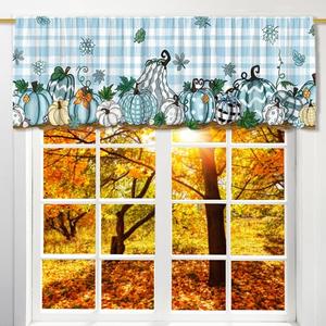 Fall Kitchen Valances for Windows, Blue Pumpkin Buffalo Plaid Fall Valance Curtain for Living Room & Bedroom, Autumn Decorations for Home 18x54 Inch Window Decor Valances, Thanksgiving Kitchen Decor 2 Pcs