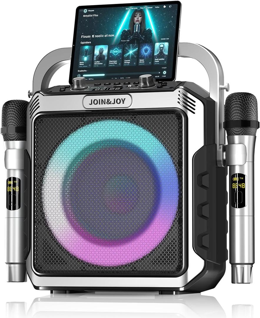Portable Karaoke Machine, with Wireless Microphones, Bluetooth Party Speaker with LED Lights, Loud Subwoofer, USB/AUX, Outdoor Karaoke Speaker for Adults & Kids, Matte Silver