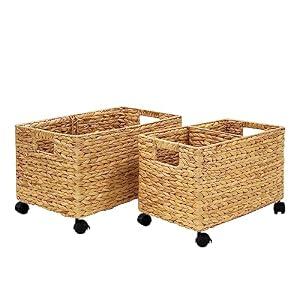 PEMAR Rolling Wicker Storage Basket Set of 2 Natural Water Hyacinth & Seagrass Bins on Wheels with Removable Divider & Insert Handles Nesting Design for under Desk, Home & Office Organization