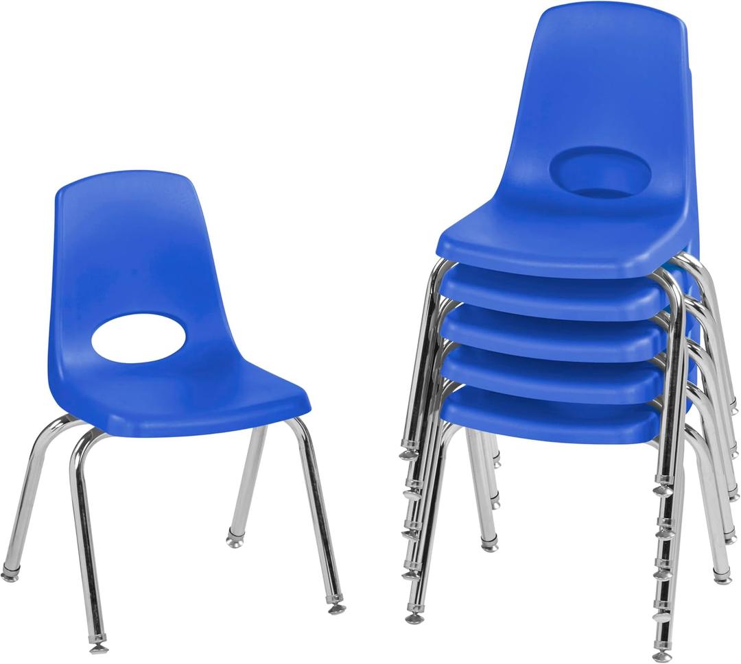 FDP 14" School Stack Chair,Stacking Student Seat with Chromed Steel Legs and Nylon Swivel Glides For In-Home Learning or Classroom - Blue (6-Pack, 10364-BL