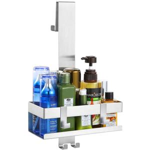 Emibele Over The Door Shower Caddy, 304 Stainless Steel Hanging Shower Caddy Rustproof Shower Shelves, No Drilling Hanging Shower Organizer for Bathroom Glass Door, Silver