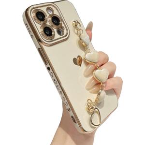 Caseative for iPhone 16 Pro Case,Cute Plating Love Heart Wrist Strap Chain Bracelet Phone Case (White)