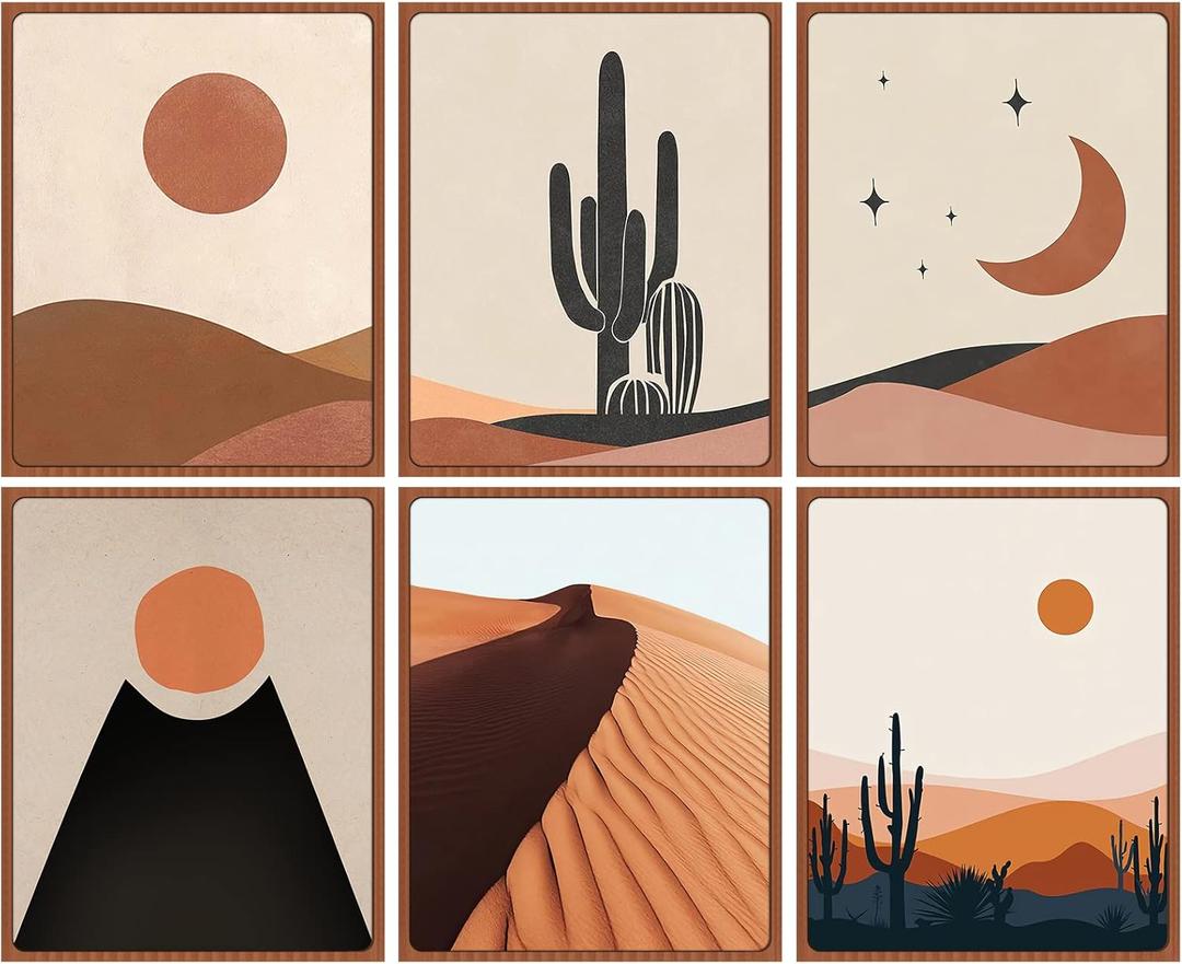 Boho Wall Art Decor Prints - Bohemian Modern Minimalist Desert Cactus Landscape Pictures Sun and Moon Posters Decor for Living Room Bedroom Bathroom Office UNFRAMED Paintings 8x10in, Set of 6 Pieces