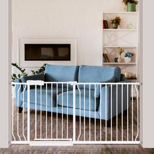 Extra Wide Baby Gate 62.2-66.9 Pressure Mounted, Child Dog Pet Safety Gates with Walk Through Door for Doorways Stairs No Drilling in Door, White