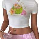 Women's Graphic Bow Short Sleeve Crewneck Crop Tops Slim Fit Y2K Cute T Shirts (White and Green, S)