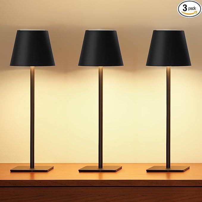 UME 3 Pack Cordless Table Lamp, Battery Operated Lamp  Portable Waterproof Rechargeable Table Lamp w/ 3 Color Temps & Stepless Dimming for Dinner, Desk, Cafe, Outdoor (Black)