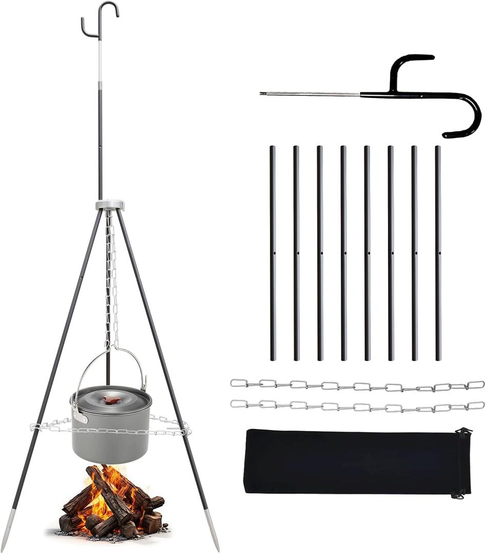 Grill Swing Hanging Camping Tripod, Adjustable Collapsible Campfire Cooking Rack, Outdoor Camping Cookware with Hooks Iron Grill for BBQ Picnic Dutch Oven