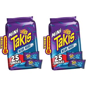 Takis Blue Heat Mini 25 pc / 1.23 oz Bite Size Multipack, Hot Chili Pepper Flavored Extreme Spicy Rolled Tortilla Chips (Pack of 2), BB SEP/15/26