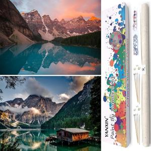 Paint by numbers Kit for adults beginners 2 pack paint by numbers for adults rolled up canvas for home decoration creative wall art with colorful gift box 12x16 inch mountain lake sunset 169-170