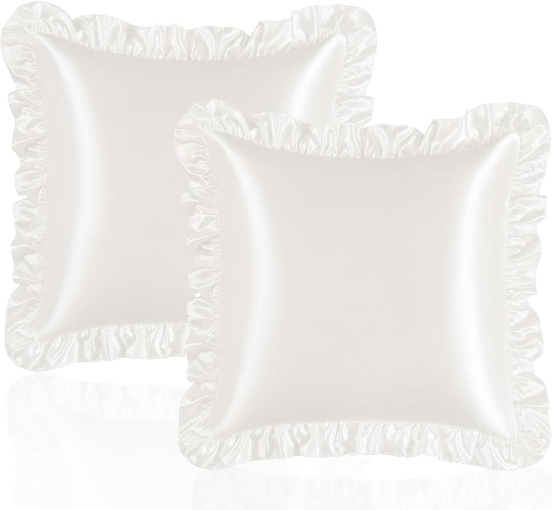 Ivory White Euro Ruffle Pillow Shams Set of 2, 26 x 26 Inch Satin Ruffle Pillow Covers for Hair and Skin, Silky Pillowcase with Envelope Closure, Anti Wrinkle Ruffled Pillowcase for Sofa, Bed