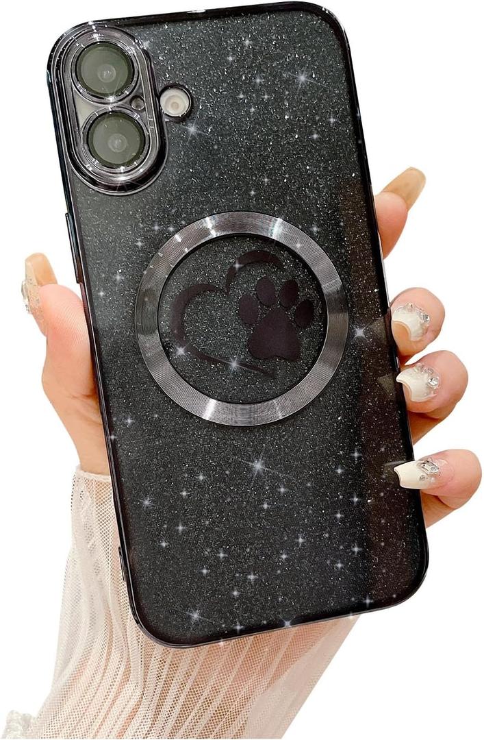Compatible for iPhone 16 Case Glitter Clear Paw Love Heart Compatible with MagSafe, Camera Lens Protection Soft Slim Thin Magnetic Bling Phone Case - Black