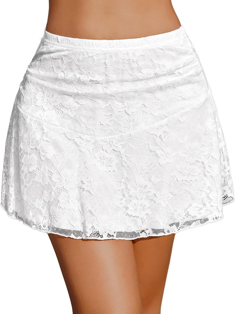 Avidlove Mini Skirts for Women Sexy Lace Y2K Skirt Pleated High Waist A Line Ruched Womens Mini Skirt(White,X-Large)
