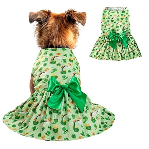 St. Patrick's Day Dog Costume Dress L, Green Clover and Horseshoe Print with Satin Bow, Pet Dress for 11-13 lbs Dogs and Cats, Festive Holiday Clothing, L