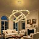 Crystal Chandelier Modern Dimmable LED Ceiling Light Fixture with Remote 3 Rings Stainless Steel Pendant Lighting for Living Room Dining Room Foyer Gold, 3-Ring 32"