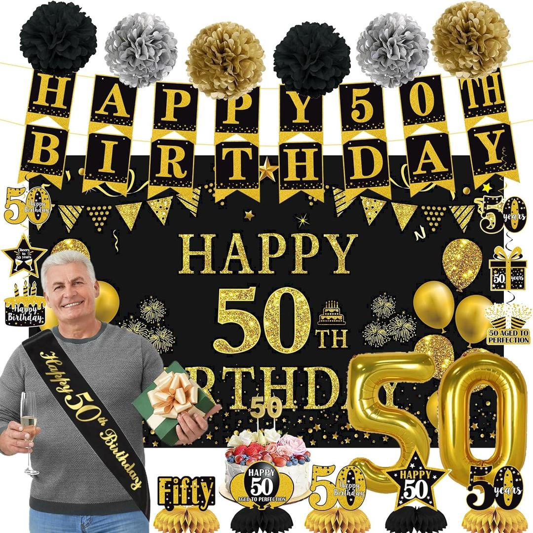 Trgowaul 50th Birthday Decorations for Men Women, 22pcs Black Gold Birthday Party Supplies, Banner, Hanging Swirl Flag, 50th Sash&Pompoms, Balloons, 50 Year Old Party Decorations Set