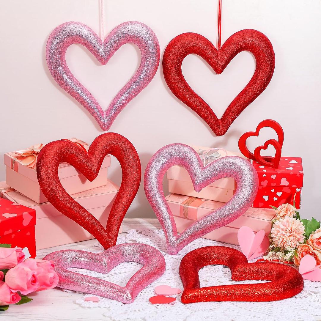 6 Pcs Large Heart Ornaments for Valentines 10'' 3D Glitter Heart Hanging Ornament for Tree Wreath Door Home Window Valentine's Day Wedding Holiday Decor(Red and Pink,Fine Glitter)
