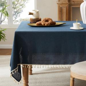 Linen Tablecloth with Tassels, Farmhouse Style Navy Tablecloth, Water Resistant Burlap Tablecloths for Rectangle Table, 60x104 Inch Navy