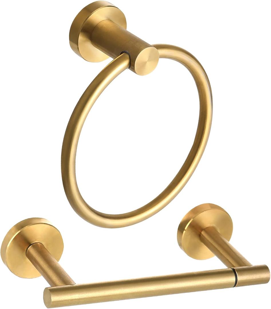 Brushed Gold Toilet Paper Holder Set, Stainless Steel Towel Ring, Double Post Pivoting Toilet Paper Holder and Hand Towel Holder Set for Bathroom