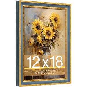 12x18 Picture Frame, HD Real Glass Ornate Vintage 12x18 Photo Frame, 12 by 18 Poster Frame with Gold Blue Texture Border Horizontal & Vertical Display for Tabletop or Wall Decor (1 Pack)